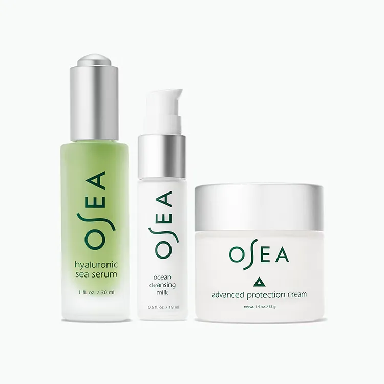 OSEA ritual reset bundle with hyaluronic sea serum, ocean cleansing milk, and advanced protection cream